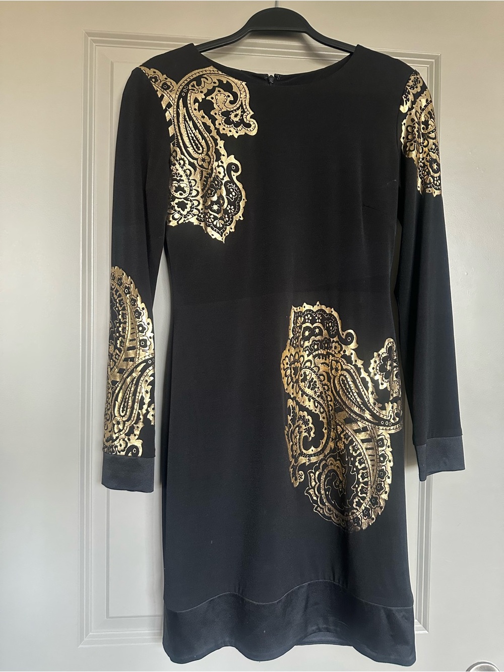 Cache Black Long Sleeve Dress with Gold Paisley Print